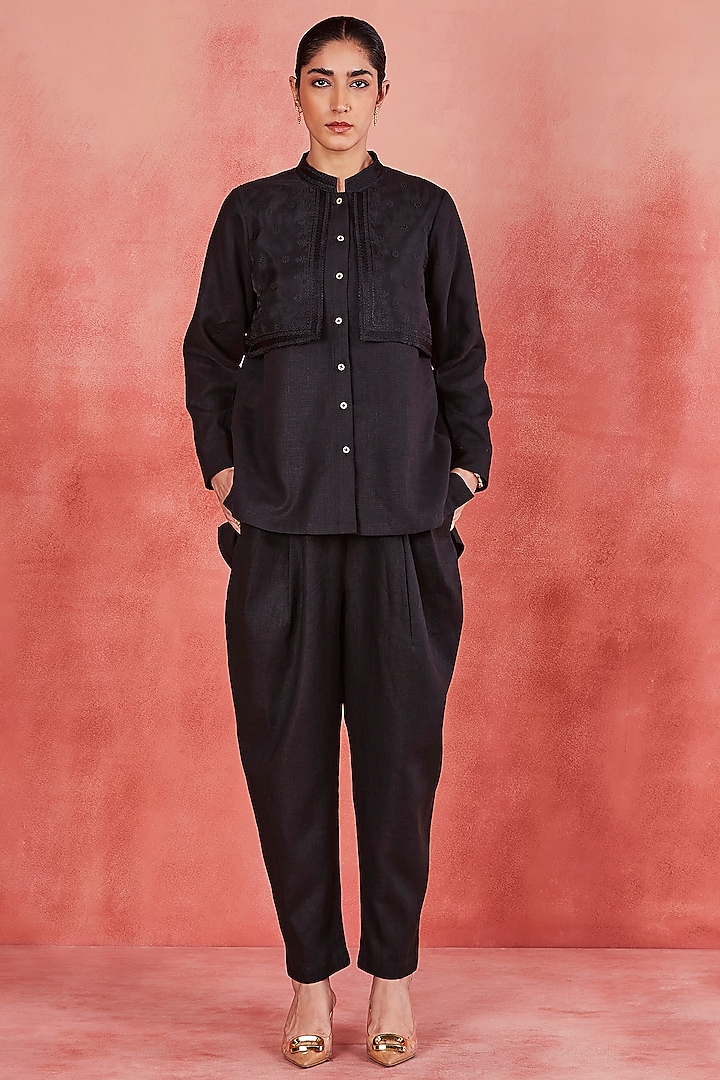 Black Pure Linen Silk Thread Embroidered Co-Ord Set by Sue Mue at Pernia's Pop Up Shop