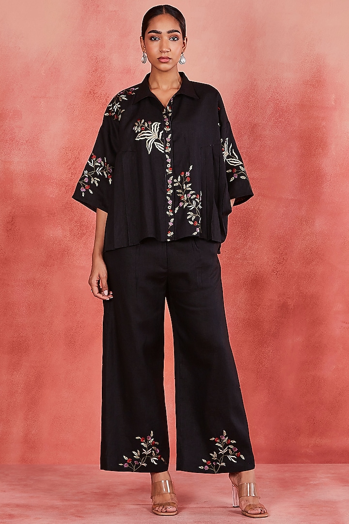 Black Pure Linen Thread Embroidered Co-Ord Set by Sue Mue at Pernia's Pop Up Shop