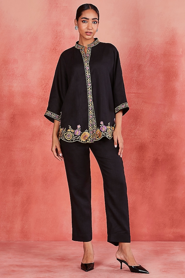 Black Pure Linen Floral Jaal Thread Embroidered Co-Ord Set by Sue Mue at Pernia's Pop Up Shop