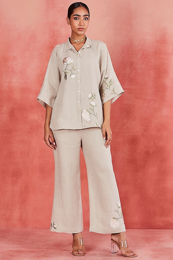 Natural Beige Pure Linen Floral Thread Embroidered Co-Ord Set by Sue Mue at Pernia's Pop Up Shop