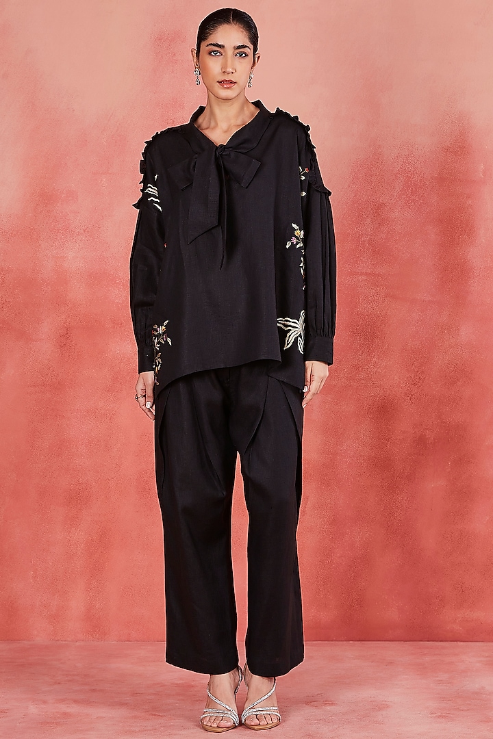 Black Pure Linen Floral Motif Embroidered Co-Ord Set by Sue Mue at Pernia's Pop Up Shop