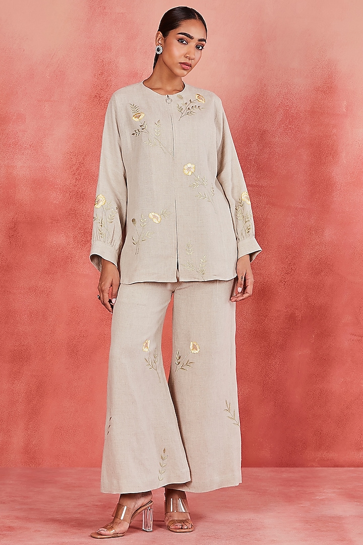 Natural Beige Pure Linen Floral Motif Embroidered Co-Ord Set by Sue Mue at Pernia's Pop Up Shop