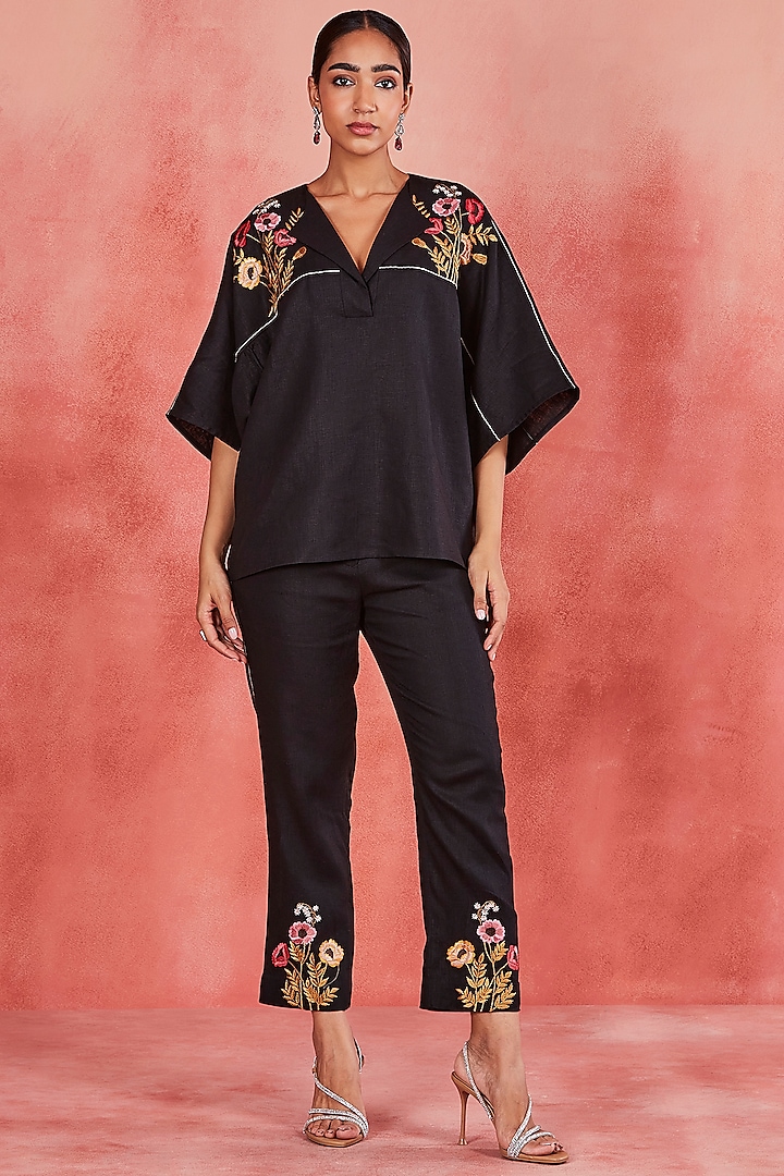 Black Pure Linen Floral Motif Embroidered Co-Ord Set by Sue Mue at Pernia's Pop Up Shop