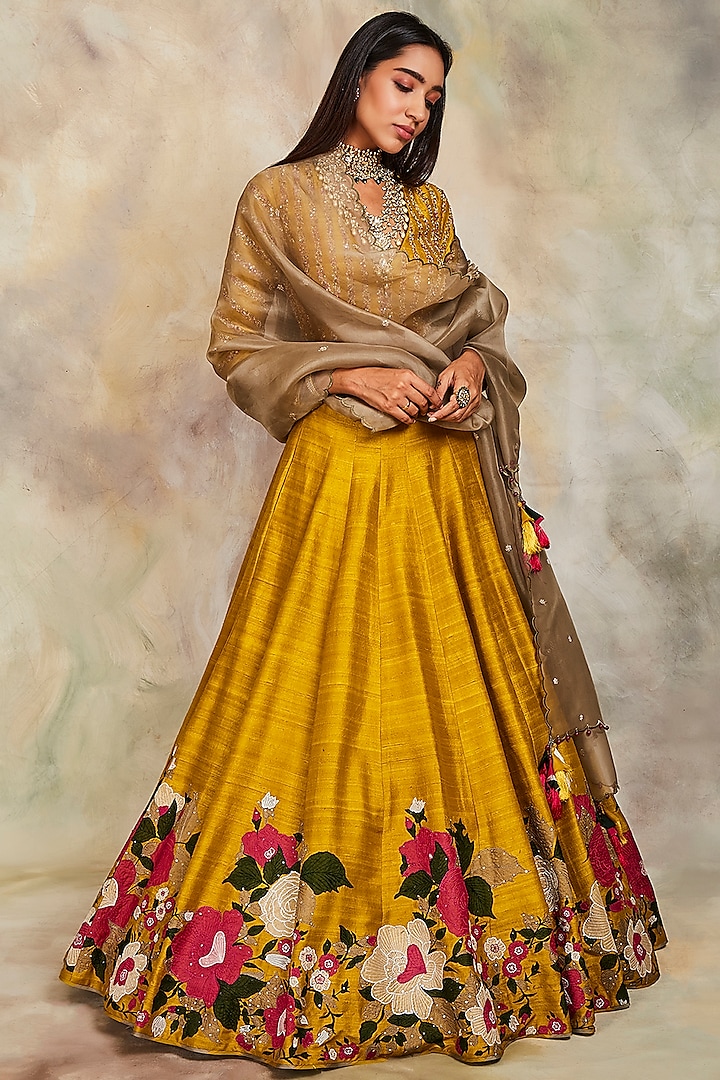 Mustard Sequins Embroidered Bridal Lehenga Set by Sue Mue at Pernia's Pop Up Shop