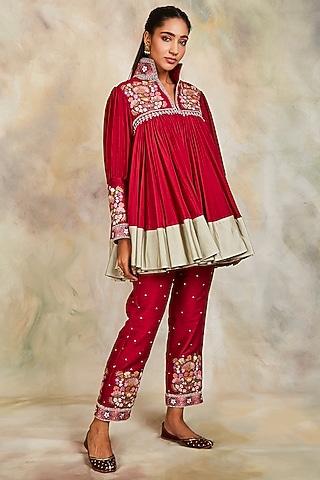 Maroon Floral Motifs Embroidered Short Anarkali Set by Sue Mue