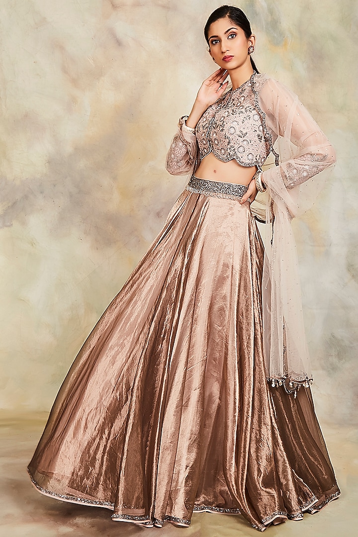 Champagne Tissue Lehenga With Sequins Work by Sue Mue