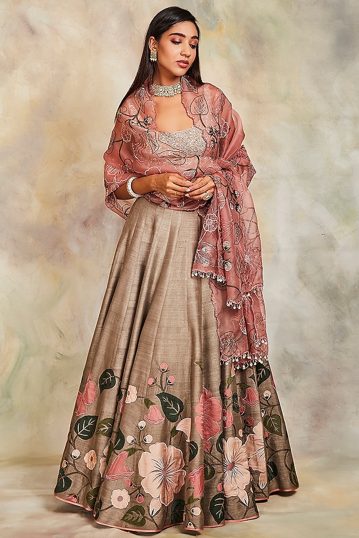 Olive Green Machine Embroidered Lehenga Set by Sue Mue