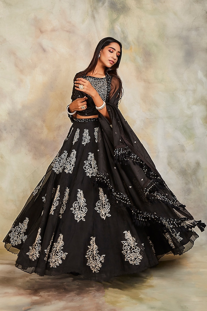 Black Motifs Embroidered Lehenga Set by Sue Mue