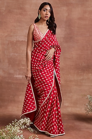Red Pure Raw Silk Zari Embroidered Saree Set by Sue Mue