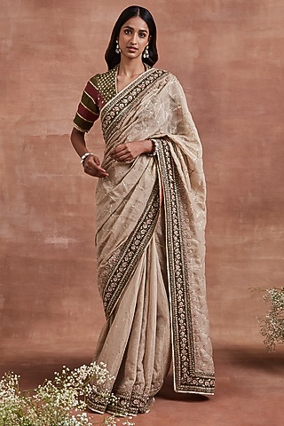 Gold Handwoven Chanderi Tissue Dori Embroidered Saree Set by Sue Mue