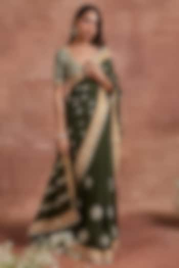 Olive Green Raw Silk Sequins Embellished Saree Set by Sue Mue at Pernia's Pop Up Shop