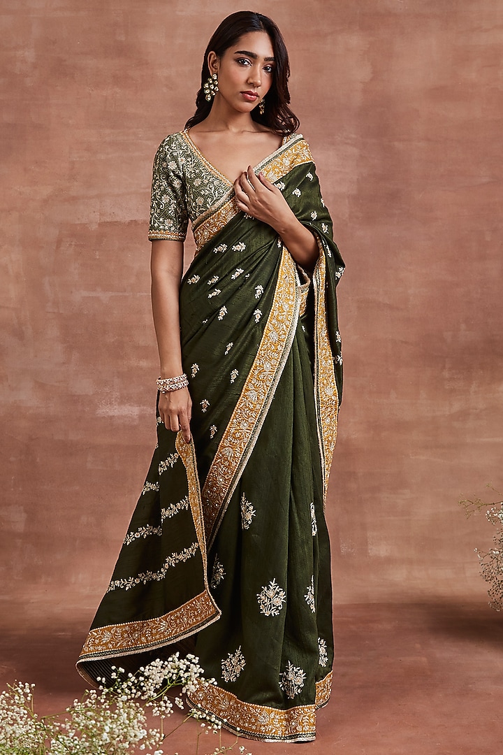 Olive Green Raw Silk Sequins Embellished Saree Set by Sue Mue at Pernia's Pop Up Shop