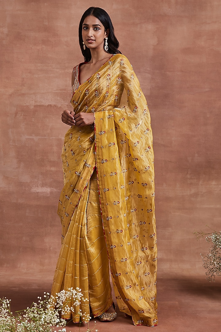 Yellow Handwoven Silk Tissue Sequins Embroidered Saree Set by Sue Mue at Pernia's Pop Up Shop