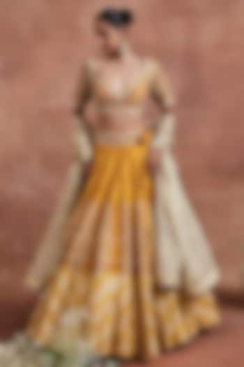 Mustard Raw Silk Dori & Pearl Embroidered Kalidar Bridal Lehenga Set by Sue Mue at Pernia's Pop Up Shop