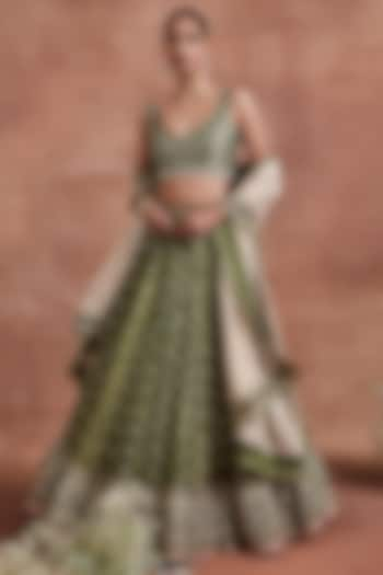 Olive Green Silk Tissue Cutadana Embroidered Bridal Lehenga Set by Sue Mue at Pernia's Pop Up Shop