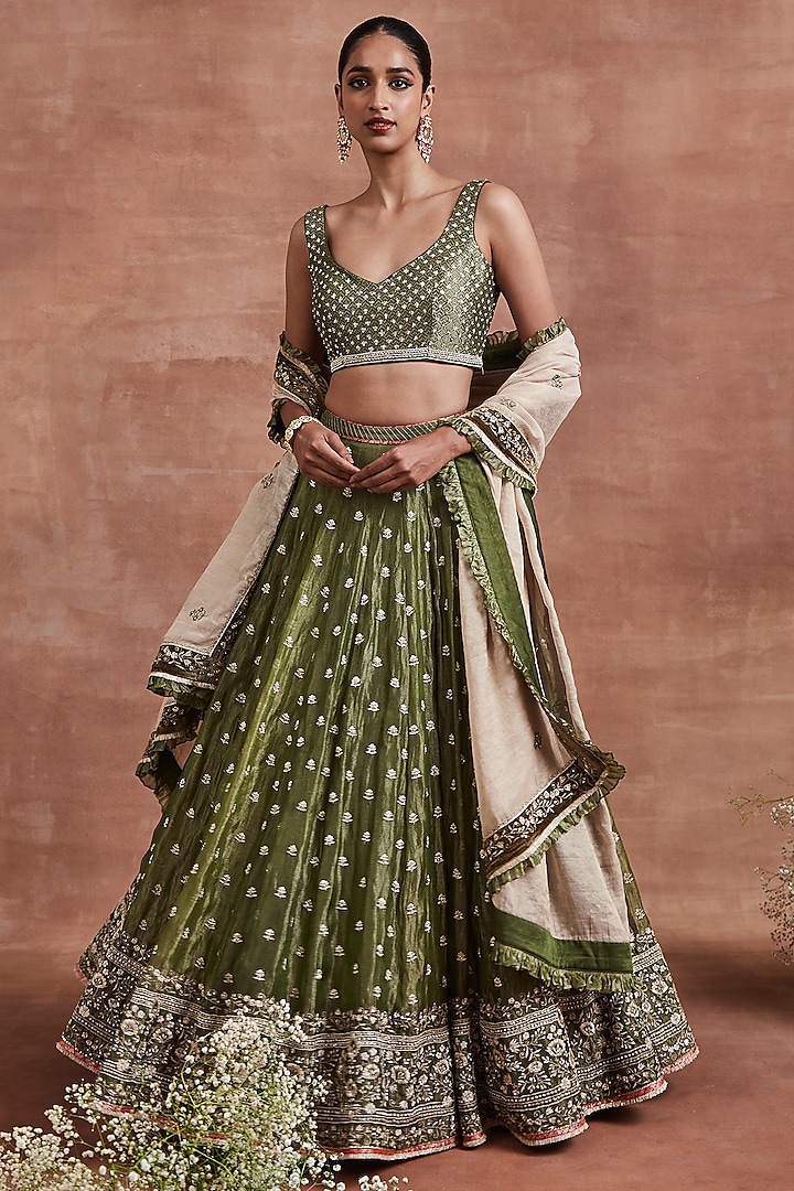 Olive Green Silk Tissue Cutadana Embroidered Bridal Lehenga Set by Sue Mue at Pernia's Pop Up Shop