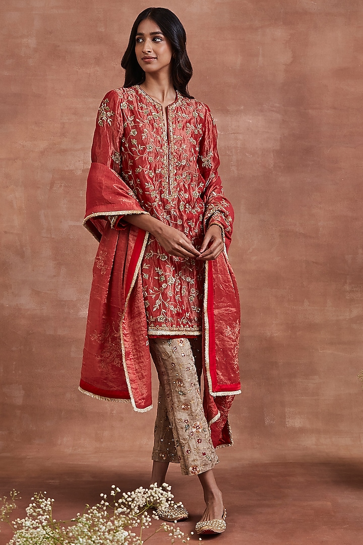 Red Silk Tissue Zardosi Embroidered Kurta Set by Sue Mue at Pernia's Pop Up Shop