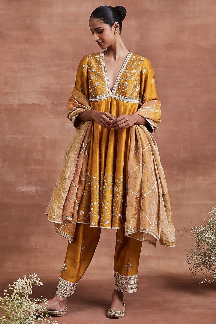 Mustard Raw Silk Sequins Embroidered Anarkali Set by Sue Mue at Pernia's Pop Up Shop