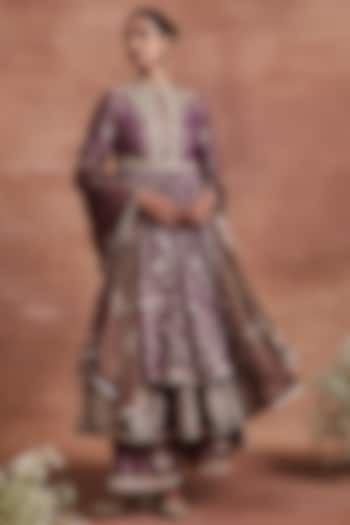 Purple Tissue & Handwoven Chanderi Thread Aari Embroidered Bridal Anarkali Set by Sue Mue at Pernia's Pop Up Shop