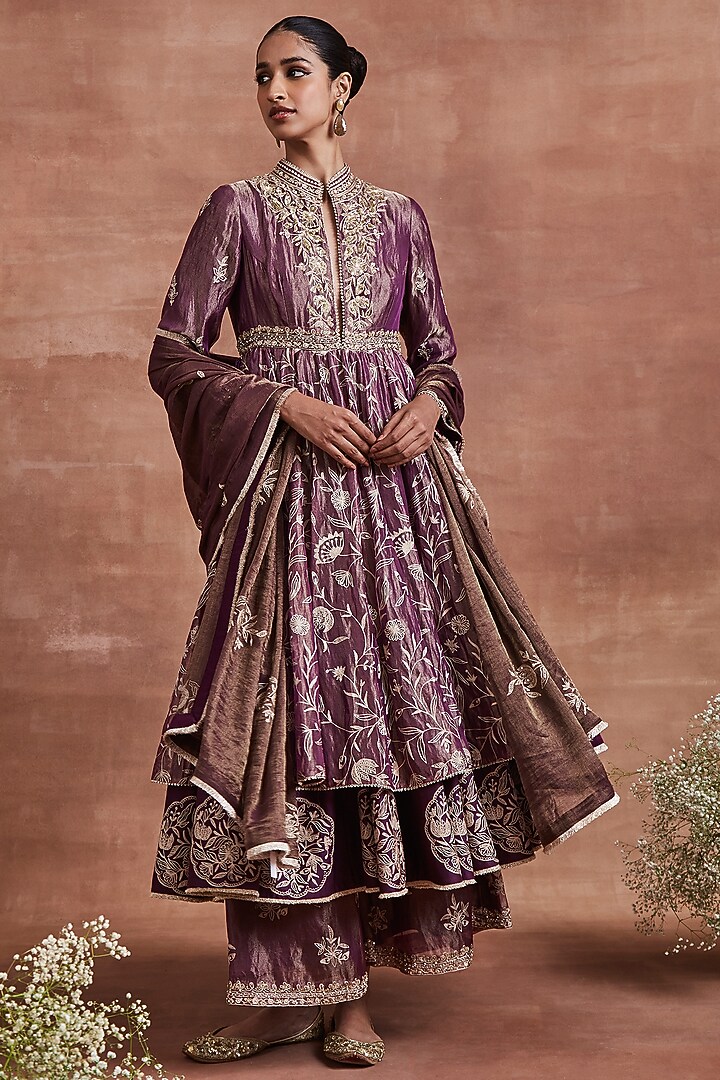 Purple Tissue & Handwoven Chanderi Thread Aari Embroidered Bridal Anarkali Set by Sue Mue at Pernia's Pop Up Shop