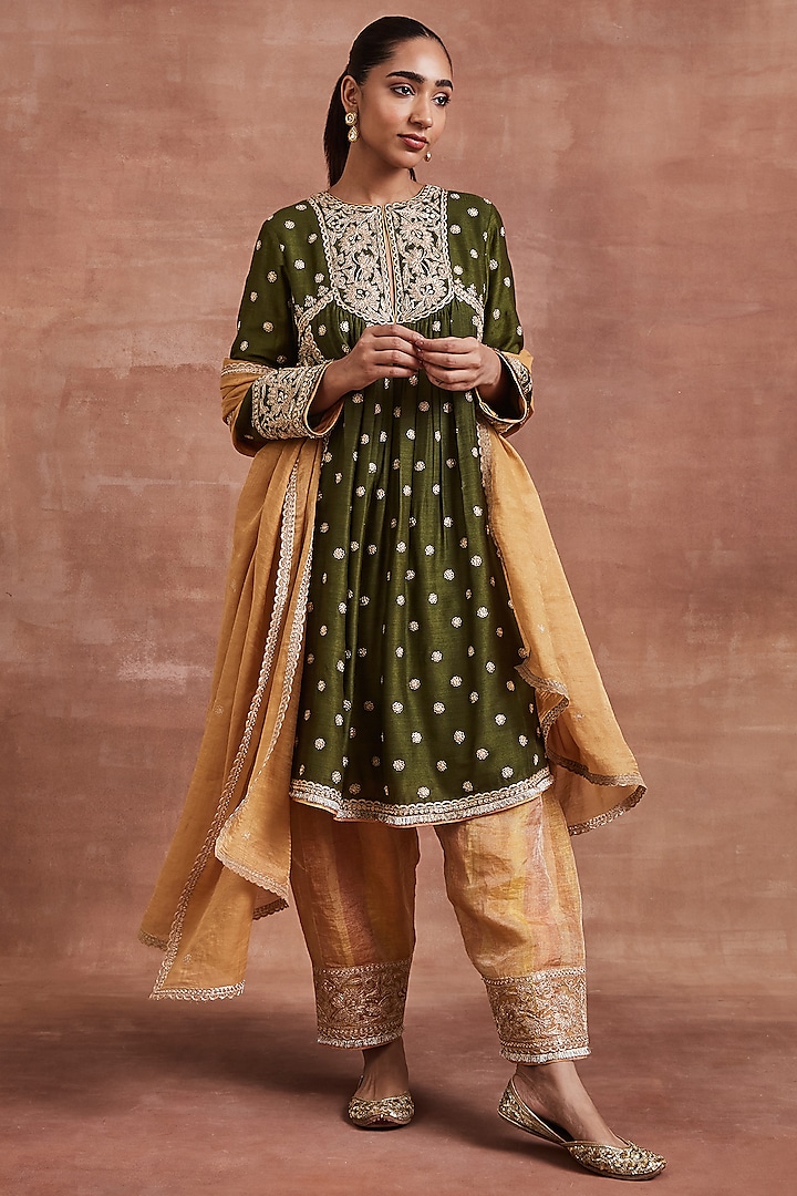 Olive Green Moonga Silk Gold Dori Embroidered Gathered Kurta Set by Sue Mue at Pernia's Pop Up Shop