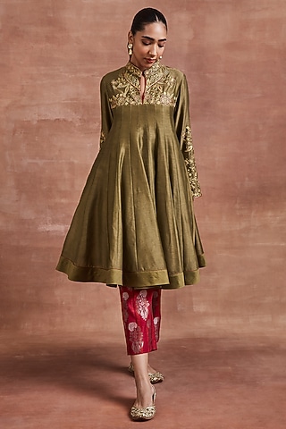 Olive Green Chanderi Gold Zari Embroidered Kalidar Anarkali Set by Sue Mue