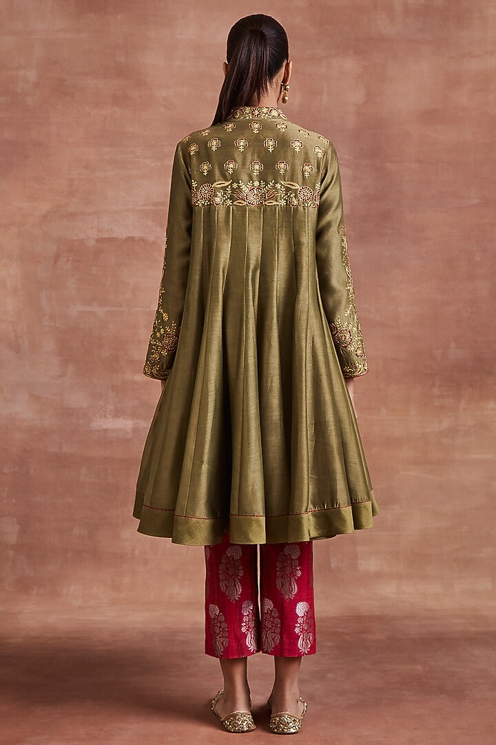 Olive Green Chanderi Gold Zari Embroidered Kalidar Wedding Anarkali Set by Sue Mue at Pernia's Pop Up Shop