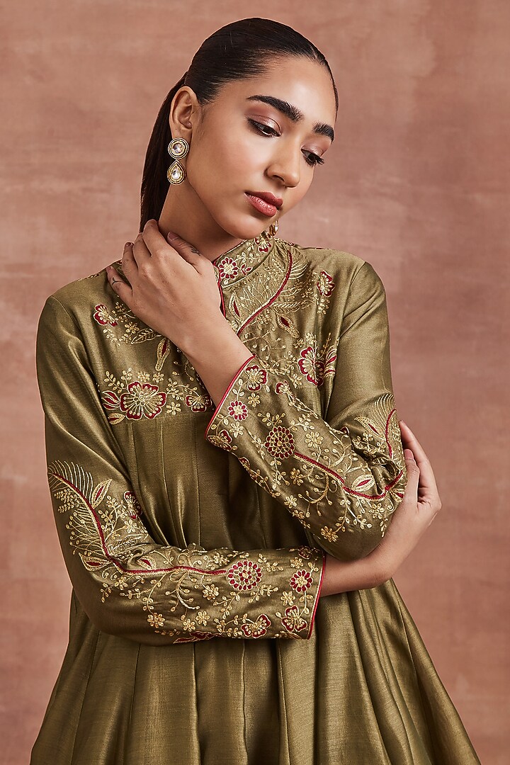 Olive Green Chanderi Gold Zari Embroidered Kalidar Wedding Anarkali Set by Sue Mue at Pernia's Pop Up Shop