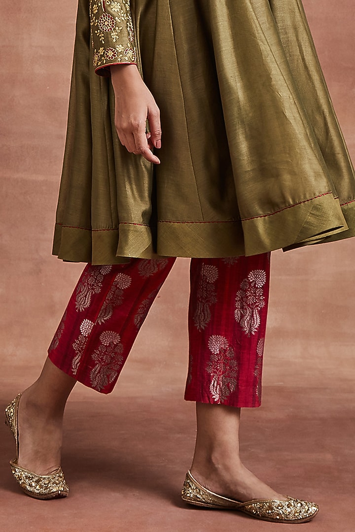 Olive Green Chanderi Gold Zari Embroidered Kalidar Wedding Anarkali Set by Sue Mue at Pernia's Pop Up Shop