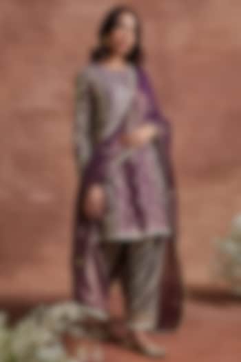 Purple Tissue Silk Cutdana Embroidered Short Kalidar Kurta Set by Sue Mue