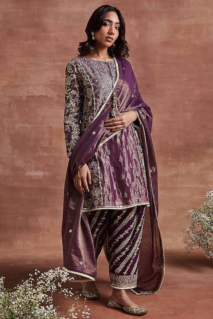 Purple Tissue Silk Cutdana Embroidered Short Kalidar Kurta Set by Sue Mue