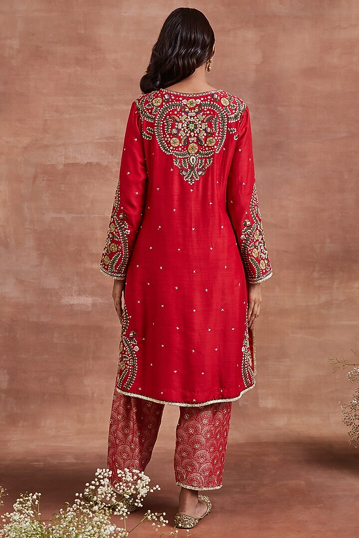 Red Moonga Silk Hand Embroidered Kurta Set by Sue Mue at Pernia's Pop Up Shop