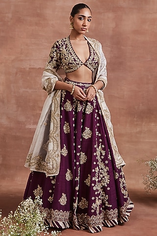 Purple Handwoven Raw Silk Zardosi Embroidered Kalidar Lehenga Set by Sue Mue