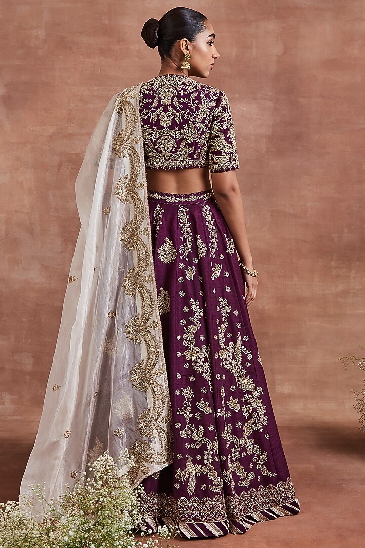 Purple Handwoven Raw Silk Zardosi Embroidered Kalidar Bridal Lehenga Set by Sue Mue at Pernia's Pop Up Shop