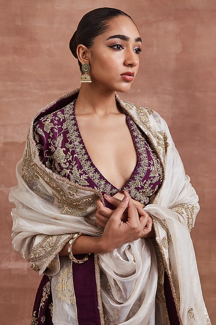 Purple Handwoven Raw Silk Zardosi Embroidered Kalidar Bridal Lehenga Set by Sue Mue at Pernia's Pop Up Shop