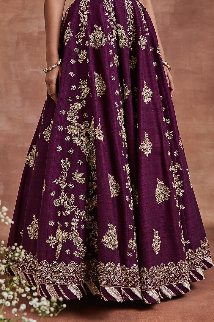 Purple Handwoven Raw Silk Zardosi Embroidered Kalidar Bridal Lehenga Set by Sue Mue at Pernia's Pop Up Shop