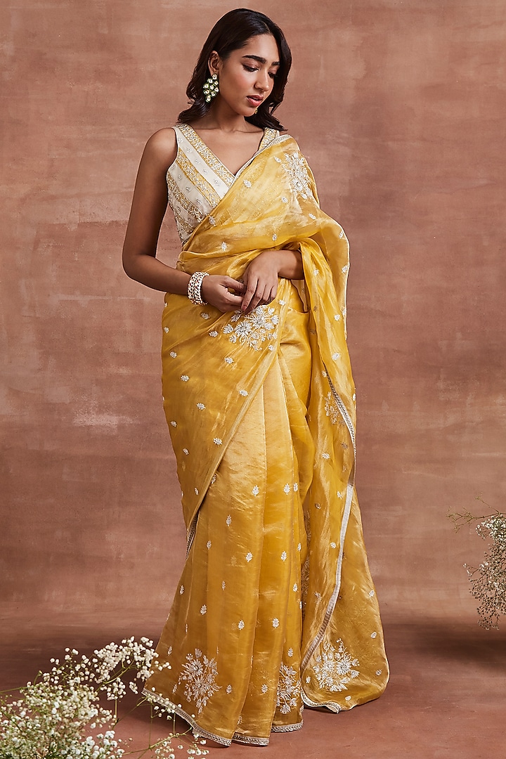 Yellow & Silver Handwoven Tissue Silk Aari Embroidered Saree Set by Sue Mue
