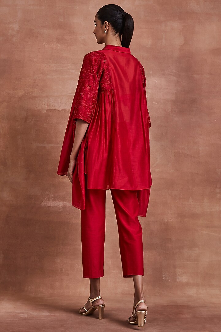 Red Handwoven Chanderi Silk Floral Cutwork Embellished Co-Ord Set by Sue Mue at Pernia's Pop Up Shop