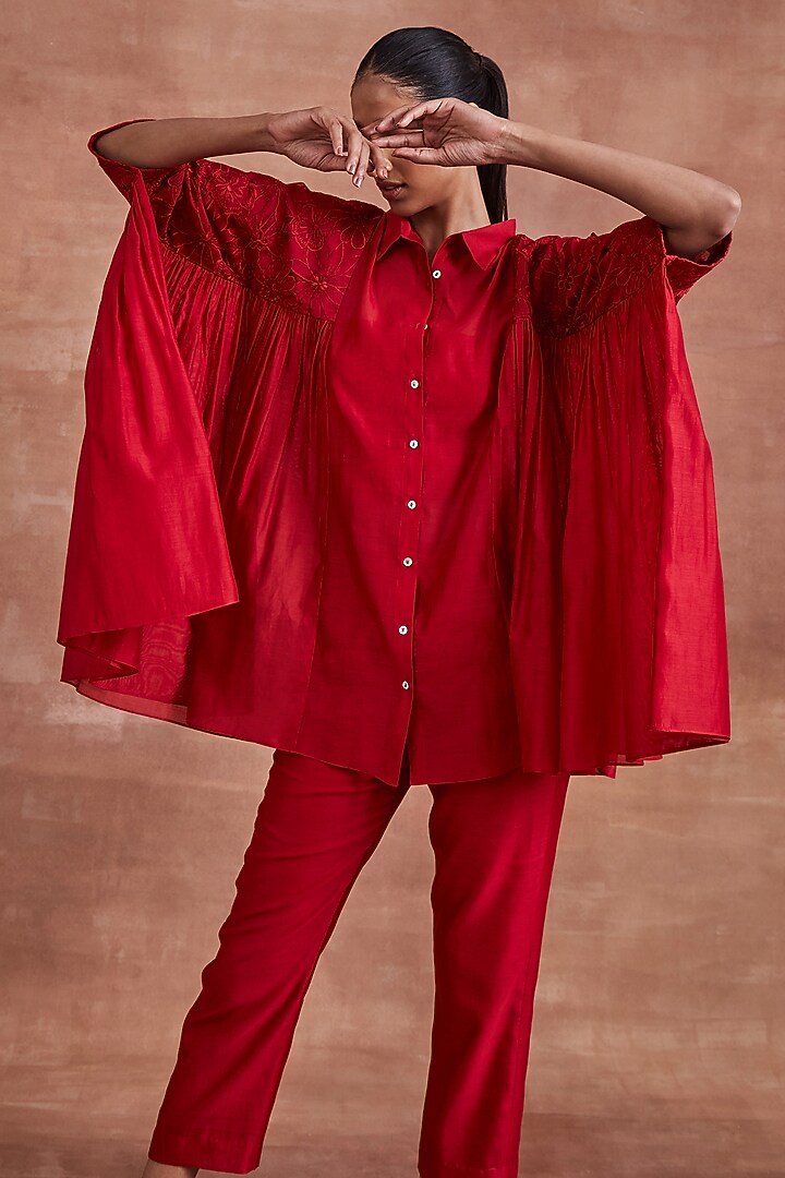 Red Handwoven Chanderi Silk Floral Cutwork Embellished Co-Ord Set by Sue Mue at Pernia's Pop Up Shop