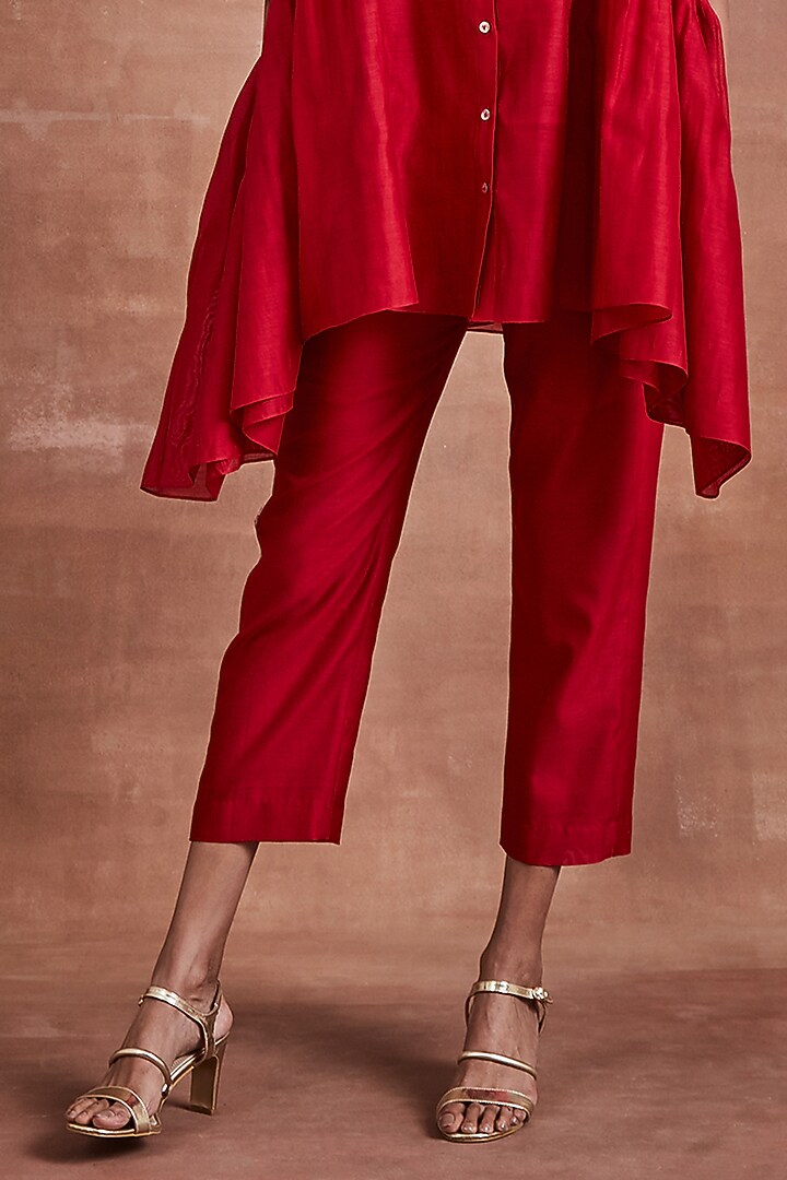 Red Handwoven Chanderi Silk Floral Cutwork Embellished Co-Ord Set by Sue Mue at Pernia's Pop Up Shop