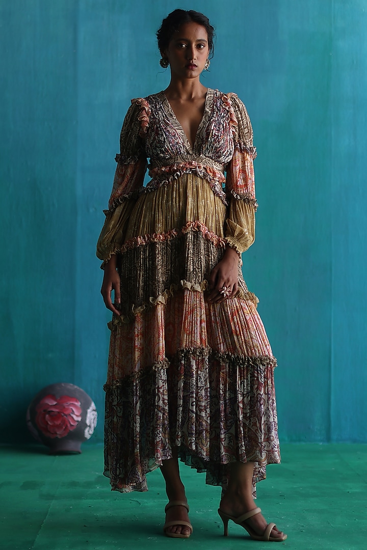 Multi-Colored Georgette Printed Tiered Dress by Sufna by Vanshika Gupta