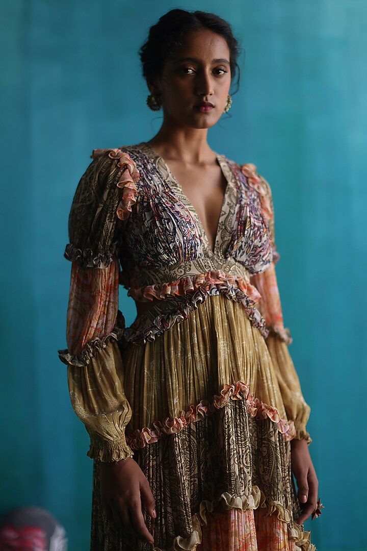 Multi-Colored Georgette Printed Tiered Cocktail Dress by Sufna by Vanshika Gupta at Pernia's Pop Up Shop