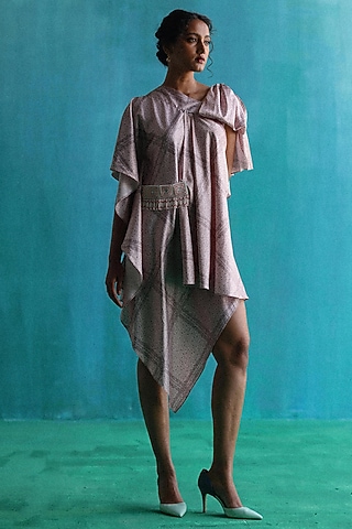 Pink Poly Asymmetric Printed Dress by Sufna by Vanshika Gupta