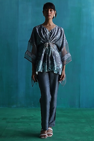 Blue Satin Printed Kaftan Set by Sufna by Vanshika Gupta