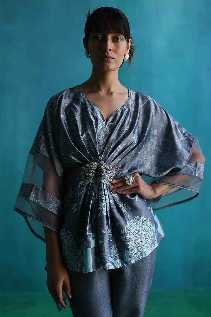 Blue Satin Printed Kaftan Set by Sufna by Vanshika Gupta at Pernia's Pop Up Shop