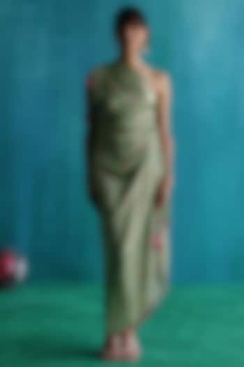 Green Satin Printed Draped Dress by Sufna by Vanshika Gupta