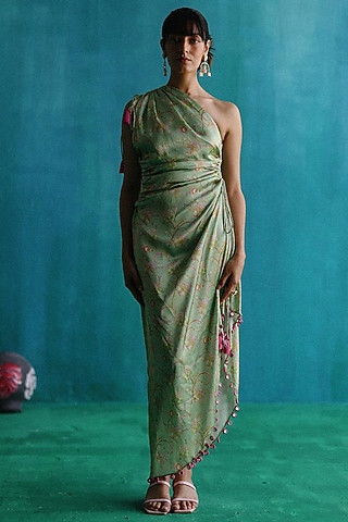 Green Satin Printed Draped Dress by Sufna by Vanshika Gupta