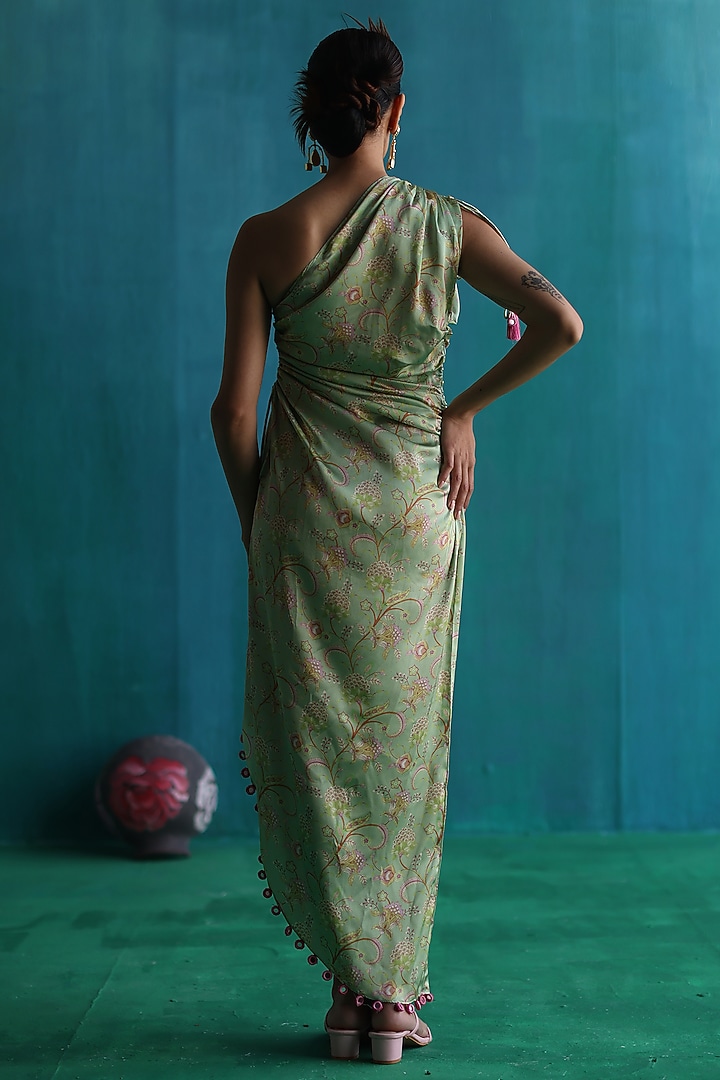 Green Satin Printed Draped Summer Dress by Sufna by Vanshika Gupta at Pernia's Pop Up Shop
