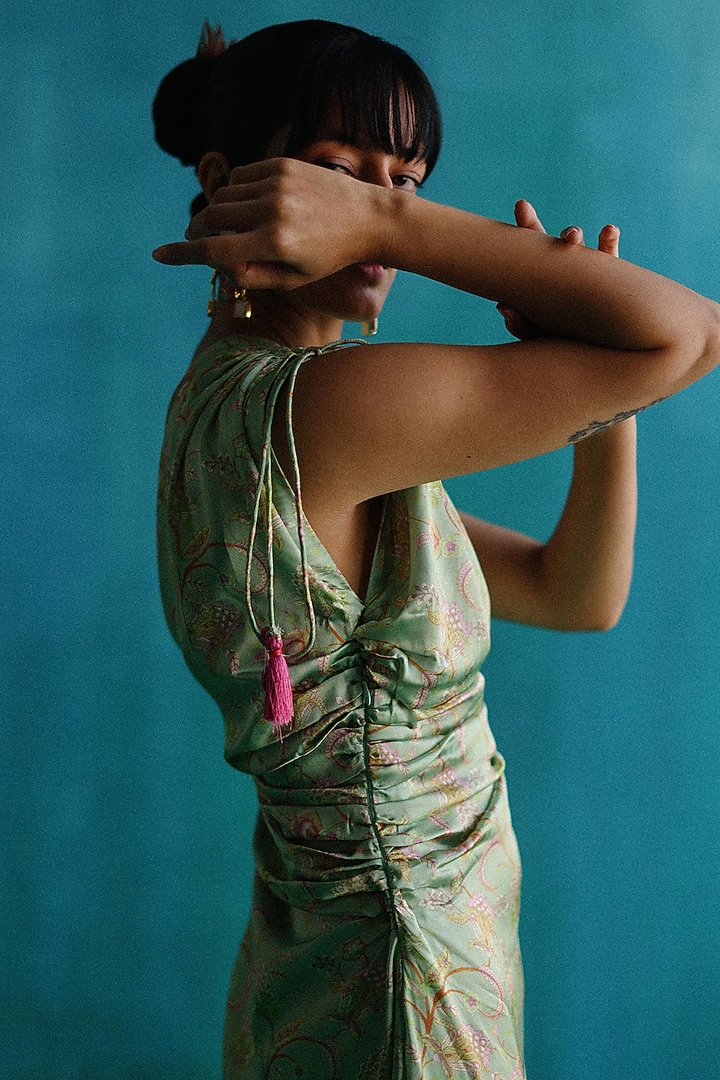 Green Satin Printed Draped Summer Dress by Sufna by Vanshika Gupta at Pernia's Pop Up Shop