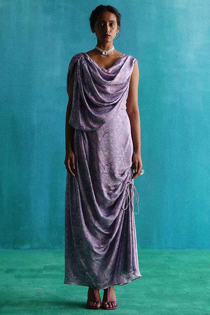 Purple Satin Printed Cowl Draped Dress by Sufna by Vanshika Gupta